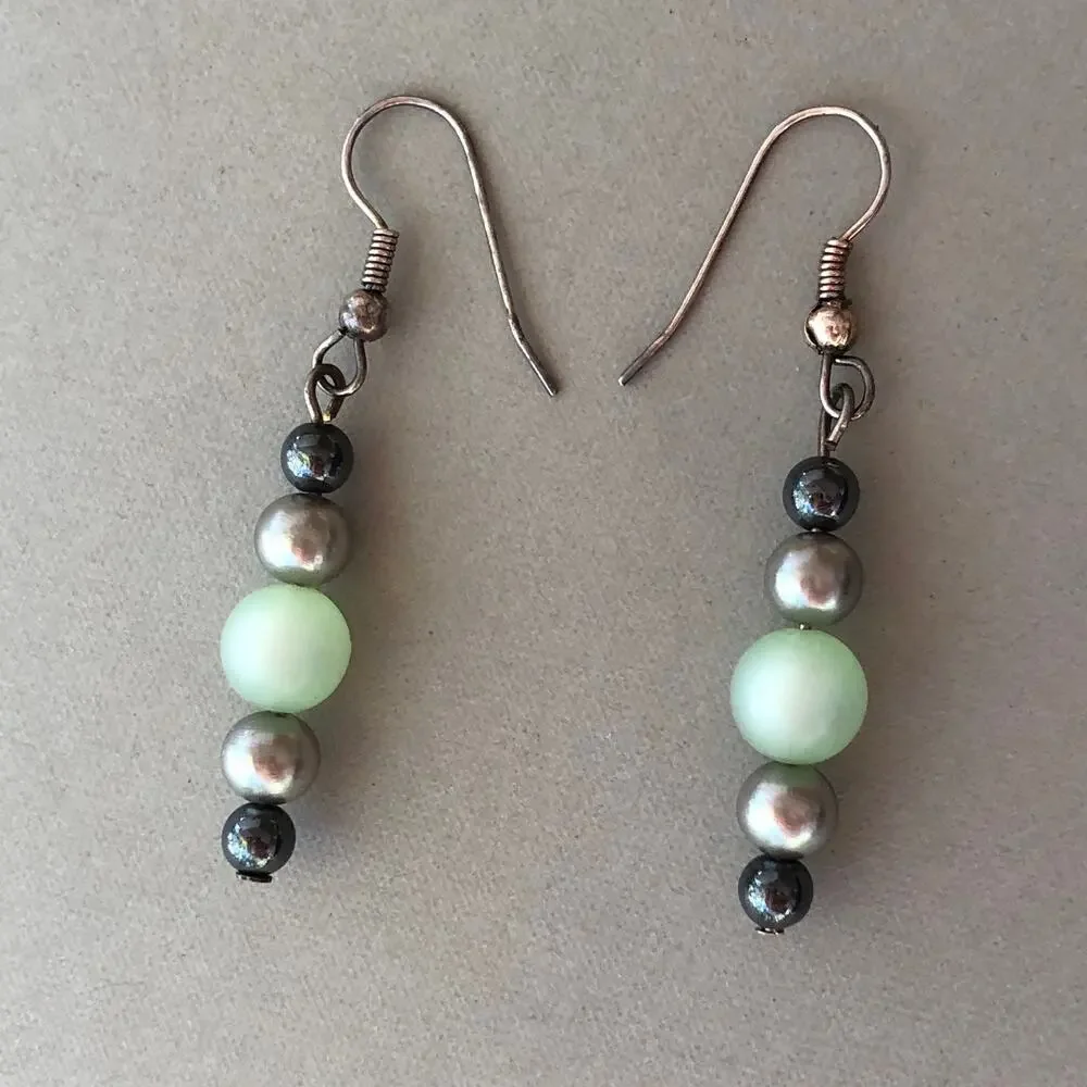 Green and Gray Dangle Statement Earrings Hook Faux Pearls Upcycled Handmade Gift